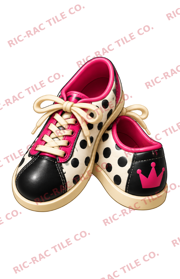 A pair of retro polka dot shoes with hot pink trim and a little crown